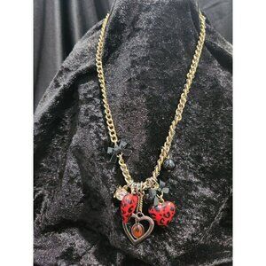 Betsey Johnson Red & Black Heart Charm Necklace With Spider & Cross Accents